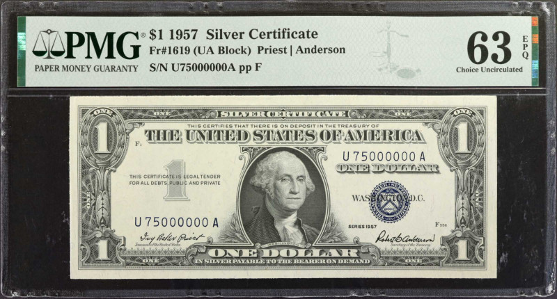 Fr. 1619. 1957 $1 Silver Certificate. PMG Choice Uncirculated 63 EPQ. 75 Million...