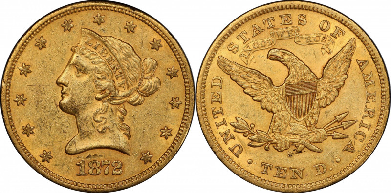 1872-S Liberty Head Eagle. AU-55 (PCGS). CAC.

A sharply struck and lustrous C...