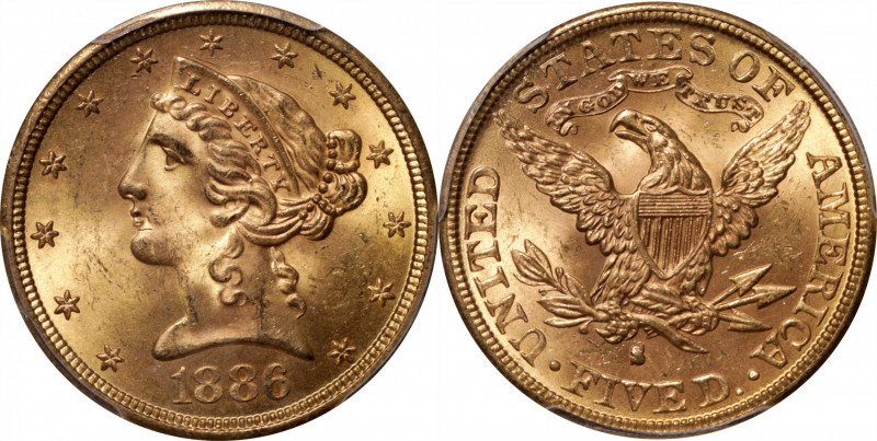 1886-S Liberty Head Half Eagle. MS-64+ (PCGS). CAC.

Lustrous satin surfaces a...