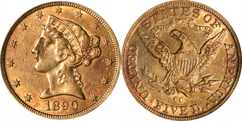 1890-CC Liberty Head Half Eagle. Winter 1-A, the only known dies. AU-55 (ANACS)....