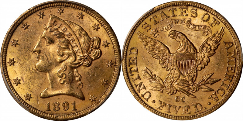 1891-CC Liberty Head Half Eagle. Winter 1-A. MS-62+ (PCGS). CAC.

A satiny and...