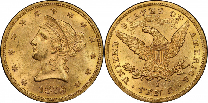 1879-S Liberty Head Eagle. MS-62 (PCGS).

Original golden-rose surfaces are fr...