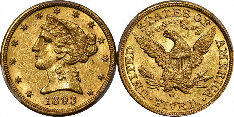 1893-O Liberty Head Half Eagle. Winter-2. MS-63 (PCGS). CAC.

Bold medium gold...