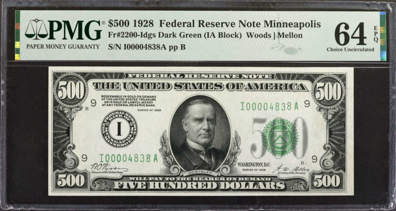 Fr. 2200-Idgs. 1928 $500 Federal Reserve Note. Minneapolis. PMG Choice Uncircula...