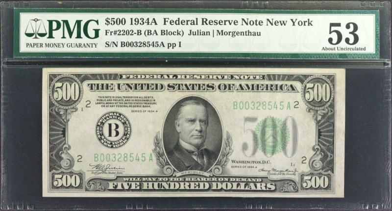 Fr. 2202-B. 1934A $500 Federal Reserve Note. New York. PMG About Uncirculated 53...