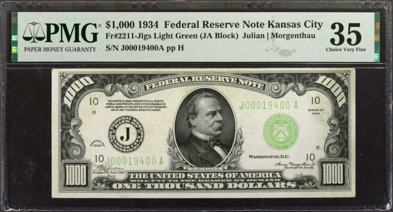 Fr. 2211-Jlgs. 1934 $1000 Federal Reserve Note. Kansas City. PMG Choice Very Fin...