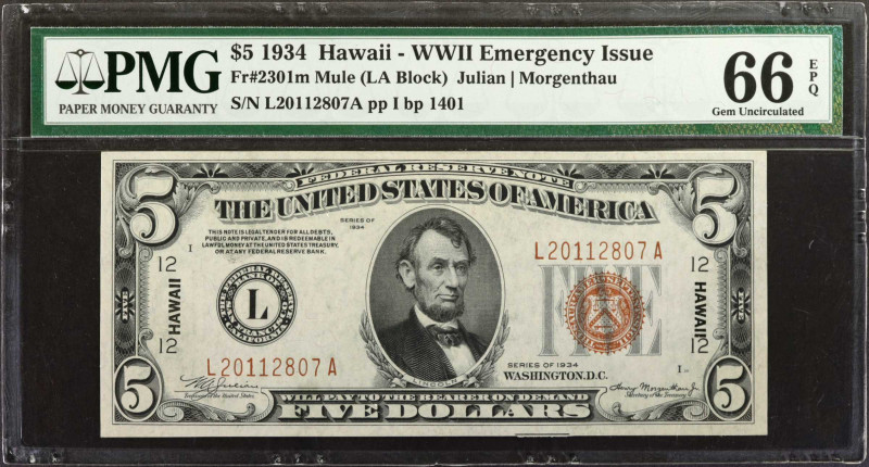 Fr. 2301m. 1934 $5 Hawaii Emergency Mule Note. PMG Gem Uncirculated 66 EPQ.

A...