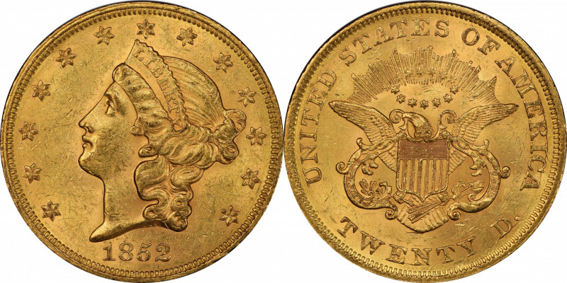 1852 Liberty Head Double Eagle. MS-62 (PCGS). CAC.

Lovely golden color with t...