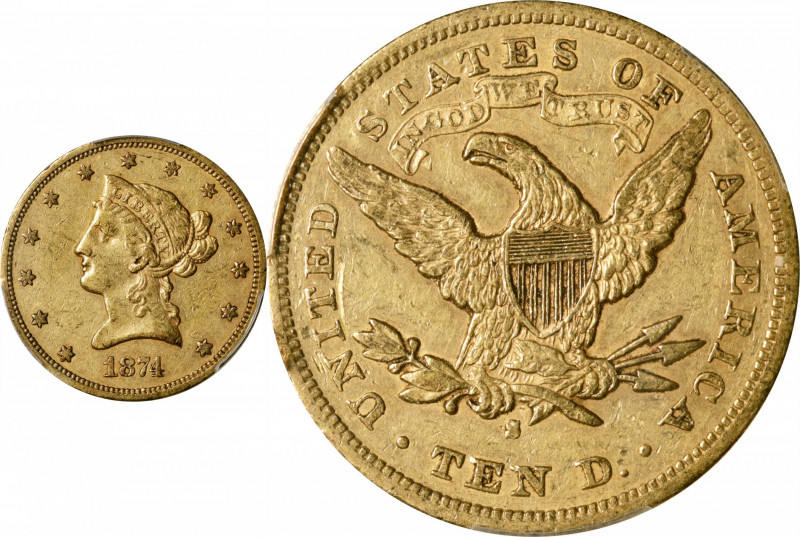 1874-S Liberty Head Eagle. EF-45 (PCGS). CAC.

An attractively original piece ...