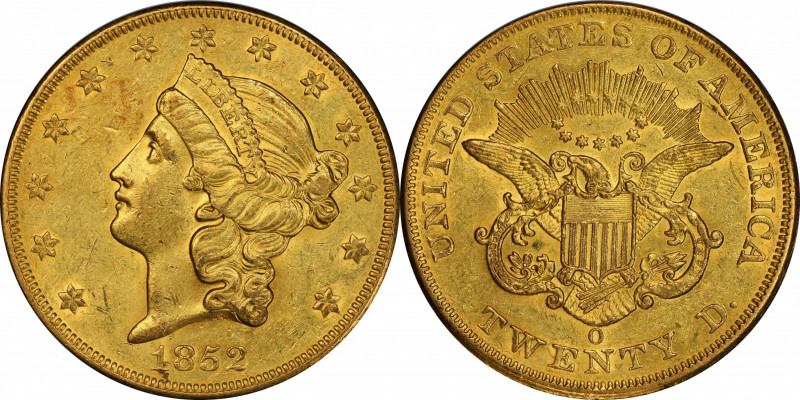 1852-O Liberty Head Double Eagle. Winter-1, the only known dies. AU-58 (PCGS). C...