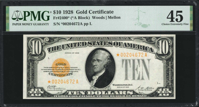 Fr. 2400*. 1928 $10 Gold Certificate Star Note. PMG Choice Extremely Fine 45.
...