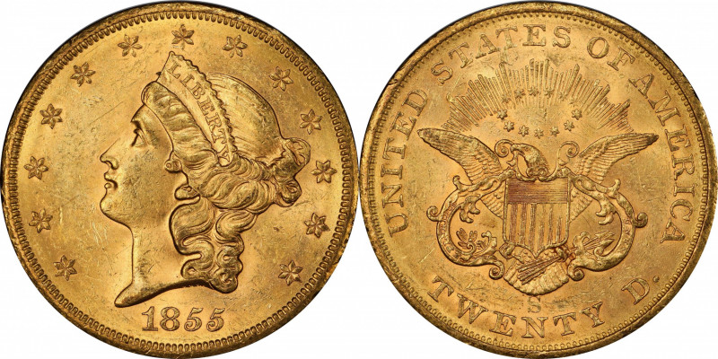 1855-S Liberty Head Double Eagle. MS-62 (PCGS).

A glorious example of this po...