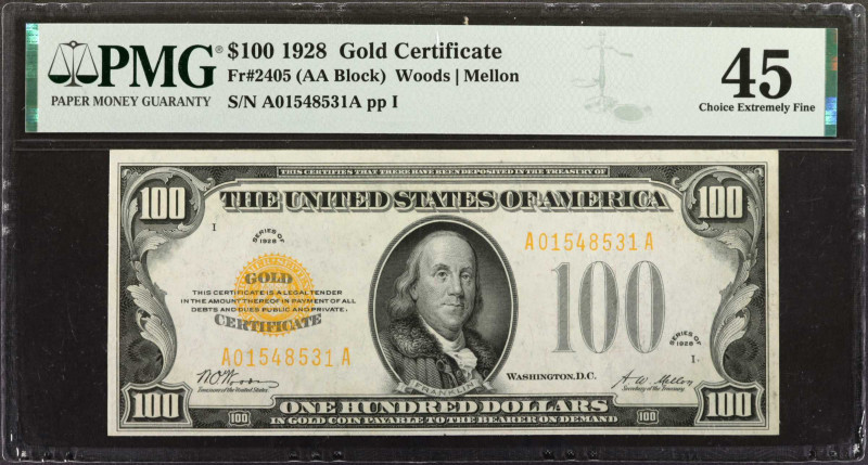 Fr. 2405. 1928 $100 Gold Certificate. PMG Choice Extremely Fine 45.

A mid-gra...