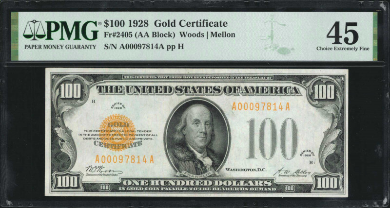 Fr. 2405. 1928 $100 Gold Certificate. PMG Choice Extremely Fine 45.

Bright pa...