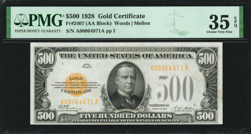 Fr. 2407. 1928 $500 Gold Certificate. PMG Choice Very Fine 35 EPQ.

An appeali...