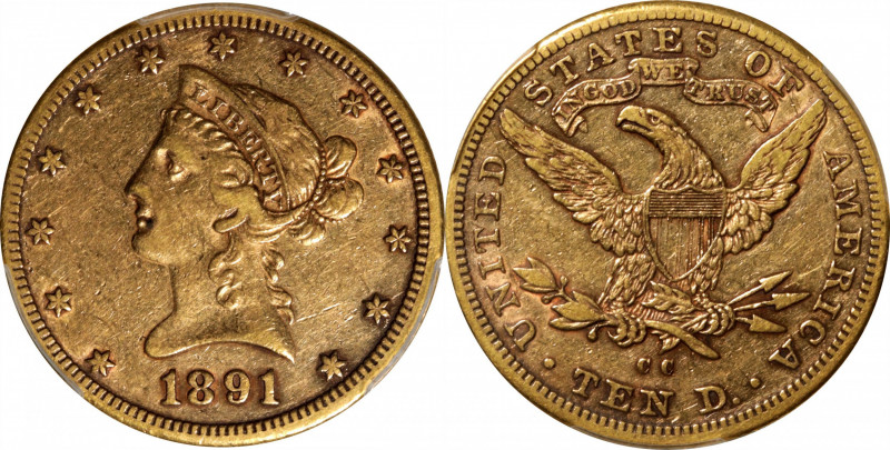 1891-CC Liberty Head Eagle. Winter 2-B. VF-35 (PCGS).

Bold and appreciably lu...