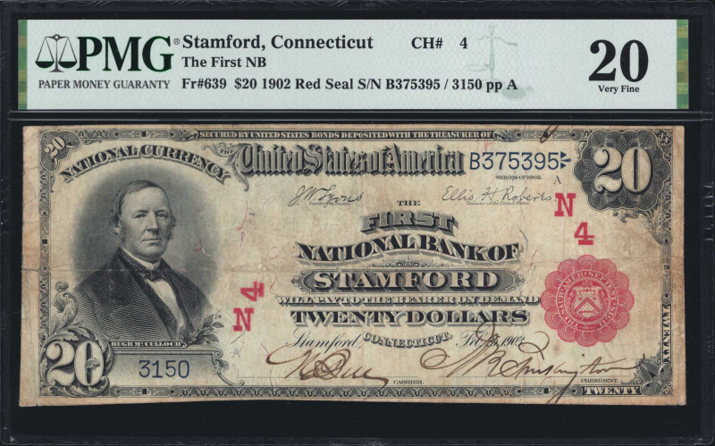 Stamford, Connecticut. $20 1902 Red Seal. Fr. 639. The First NB. Charter #4. PMG...