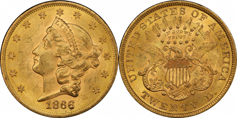 1866 Liberty Head Double Eagle. MS-62 (PCGS). CAC.

A fully lustrous example w...