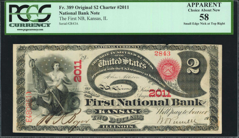 Kansas, Illinois. $2 Original. Fr. 389. The First NB. Charter #2011. PCGS Curren...