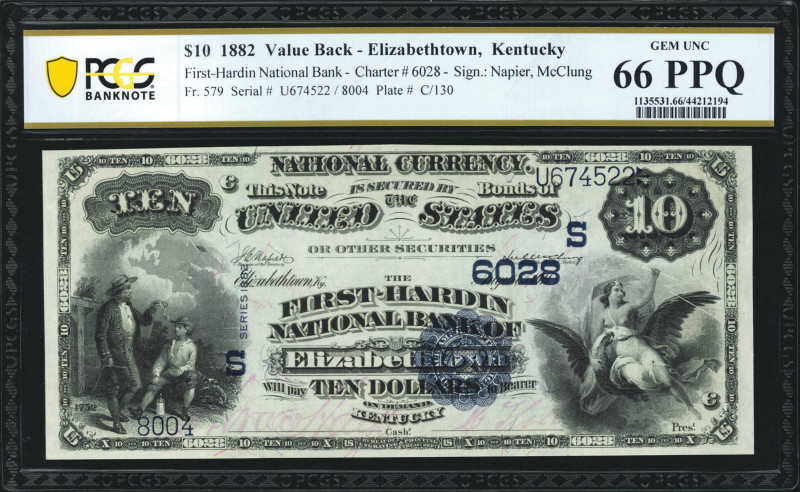 Elizabethtown, Kentucky. $10 1882 Value Back. Fr. 579. The First Hardin NB. Char...