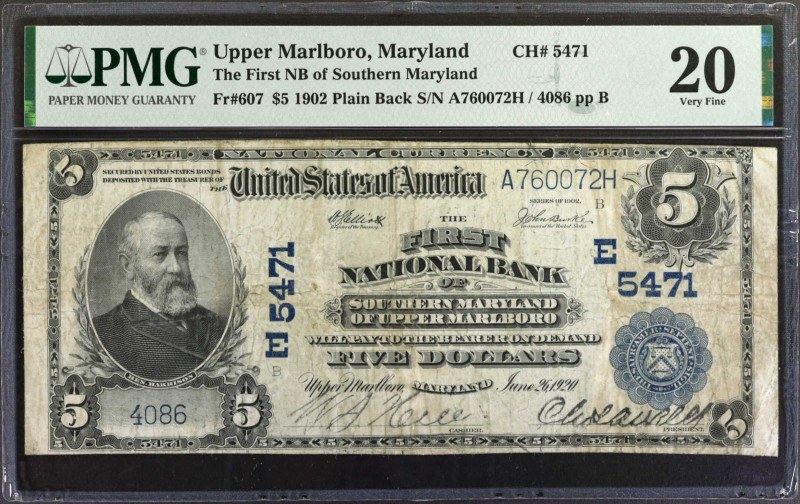 Upper Marlboro, Maryland. $5 1902 Plain Back. Fr. 607. The First NB of Southern ...