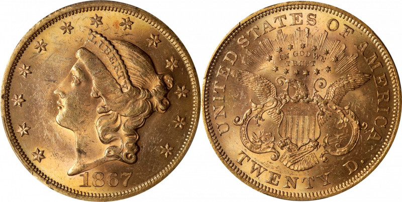 1867 Liberty Head Double Eagle. MS-62 (PCGS).

Lustrous and frosty surfaces ar...