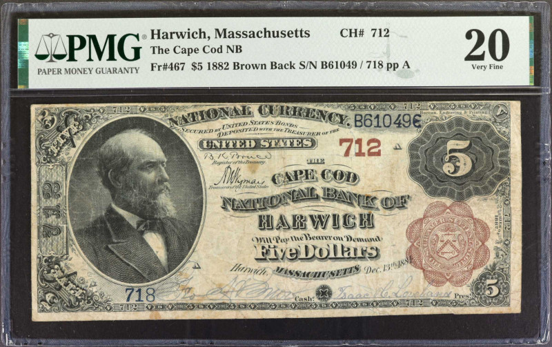 Harwich, Massachusetts. $5 1882 Brown Back. Fr. 467. The Cape Cod NB. Charter #7...