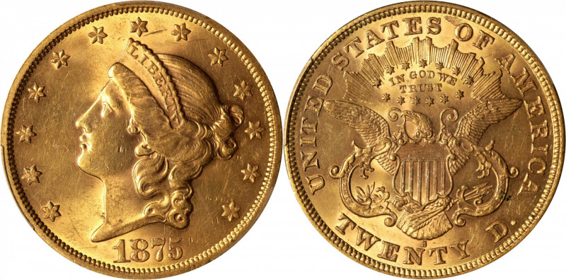 1875-S Liberty Head Double Eagle. MS-62 (PCGS).

A smartly impressed, lustrous...