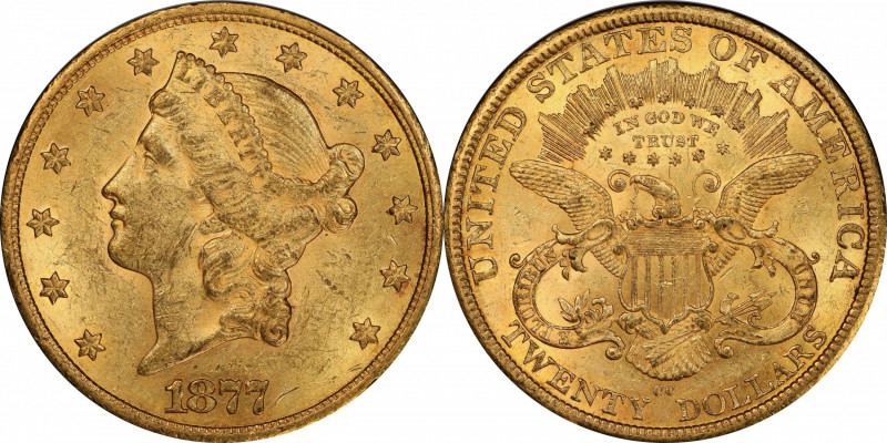 1877-CC Liberty Head Double Eagle. MS-61 (PCGS).

Vivid orange-gold surfaces m...