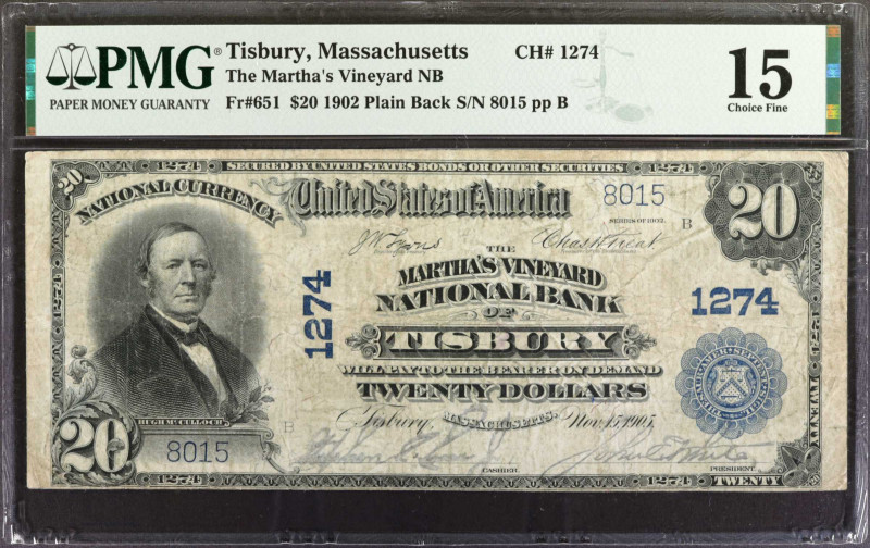 Tisbury, Massachusetts. $20 1902 Plain Back. Fr. 651. The Martha's Vineyard NB. ...