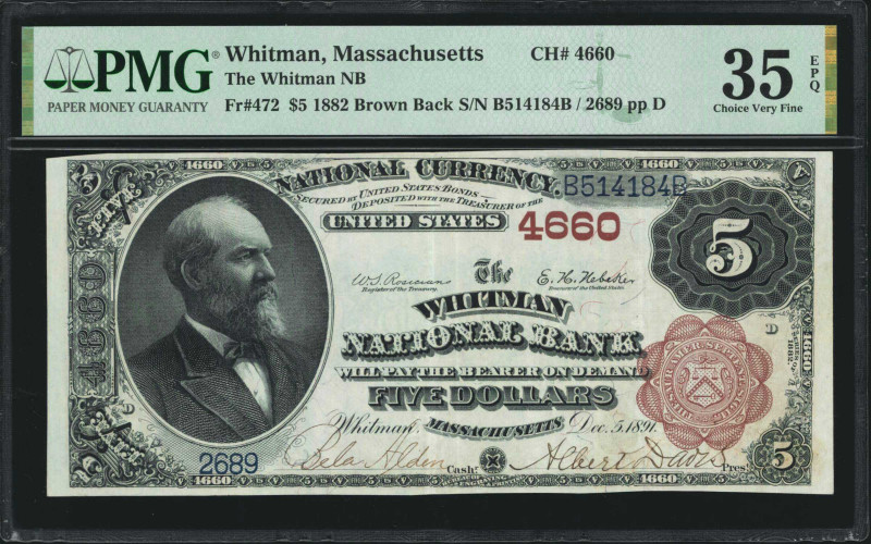 Whitman, Massachusetts. $5 1882 Brown Back. Fr. 472. The Whitman NB. Charter #46...