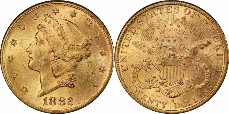 1882-S Liberty Head Double Eagle. MS-62 (PCGS).

An attractively original and ...