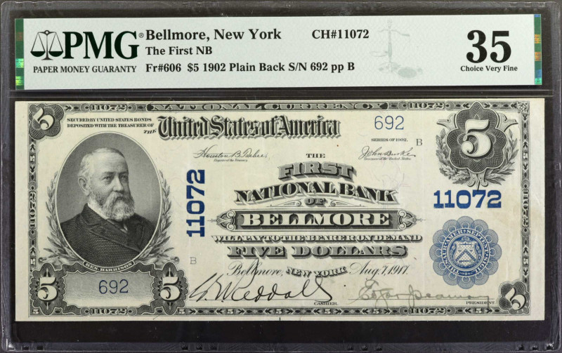 Bellmore, New York. 1902 Plain Back $5 Fr. 606. The First NB. Charter #11072. PM...