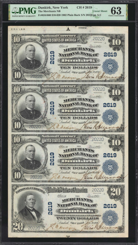 Uncut Sheet of (4). Dunkirk, New York. 1902 Plain Back $10-$10-$10-$20 Fr. 634/6...