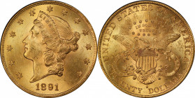 1891-S Liberty Head Double Eagle. MS-63+ (PCGS). CAC.

This beautiful example exhibits original, attractive color to fully lustrous surfaces. Sharpl...