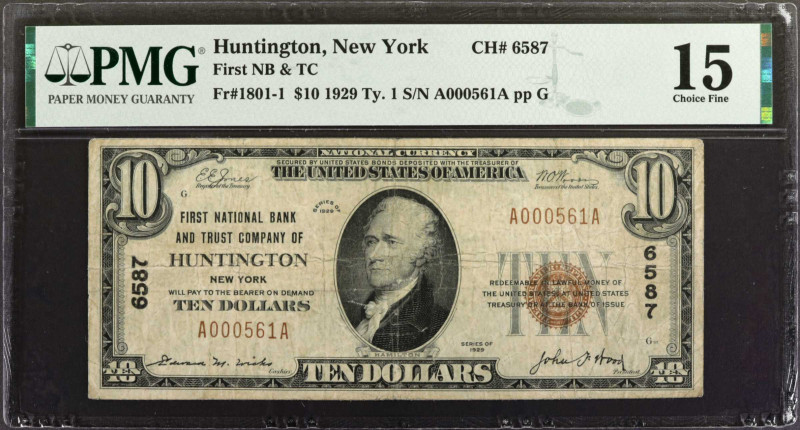 Huntington, New York. 1929 Ty. 1 $10 Fr. 1801-1. The First NB & TC. Charter #658...