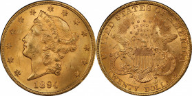 1894 Liberty Head Double Eagle. MS-64 (PCGS).

Originally preserved with vivid pinkish-apricot color, this lovely near-Gem example also offers sharp...