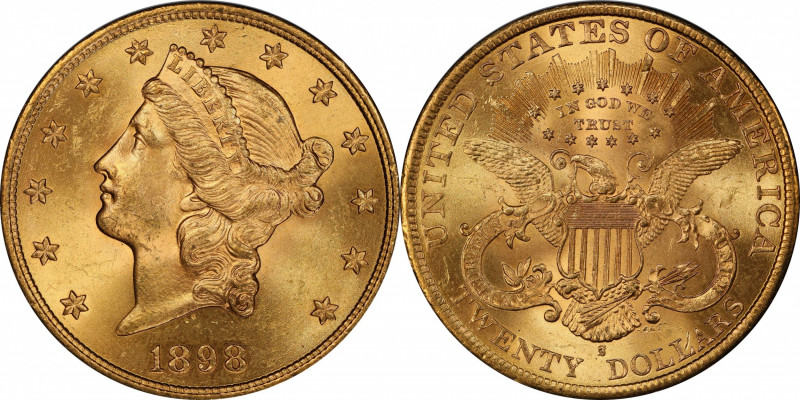 1898-S Liberty Head Double Eagle. MS-64+ (PCGS). CAC.

Frosty rose-orange surf...