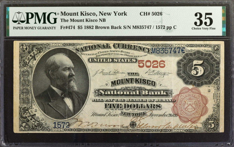 Mount Kisco, New York. 1882 Brown Back $5 Fr. 474. The Mount Kisco NB. Charter #...