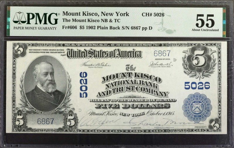 Mount Kisco, New York. 1902 Plain Back $5 Fr. 606. The Mount Kisco NB & TC. Char...