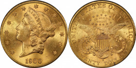 1900-S Liberty Head Double Eagle. MS-63+ (PCGS).

Vivid deep golden-apricot color mingles with satiny mint luster on both sides of this lovely examp...