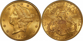 1907 Liberty Head Double Eagle. MS-65 (PCGS).

Deep golden-orange color blends nicely with frosty mint luster on both sides of this expertly produce...