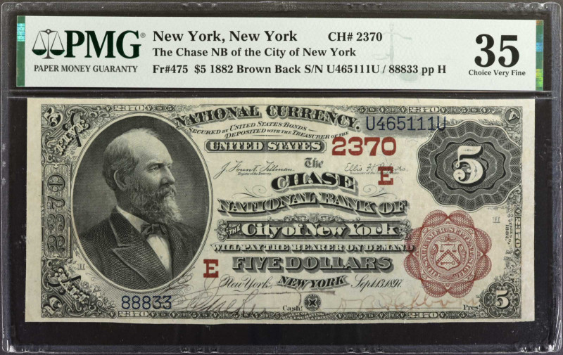 New York, New York. 1882 Brown Back $5 Fr. 475. The Chase NB of the City of New ...