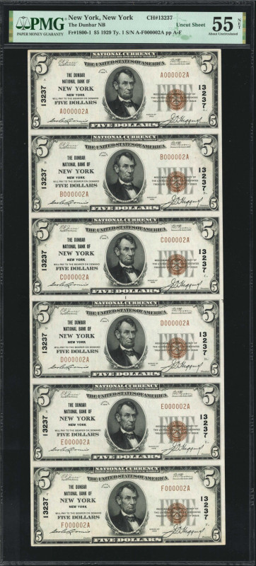 Uncut Sheet of (6). New York, New York. 1929 Ty. 1 $5 Fr. 1800-1. The Dunbar NB....