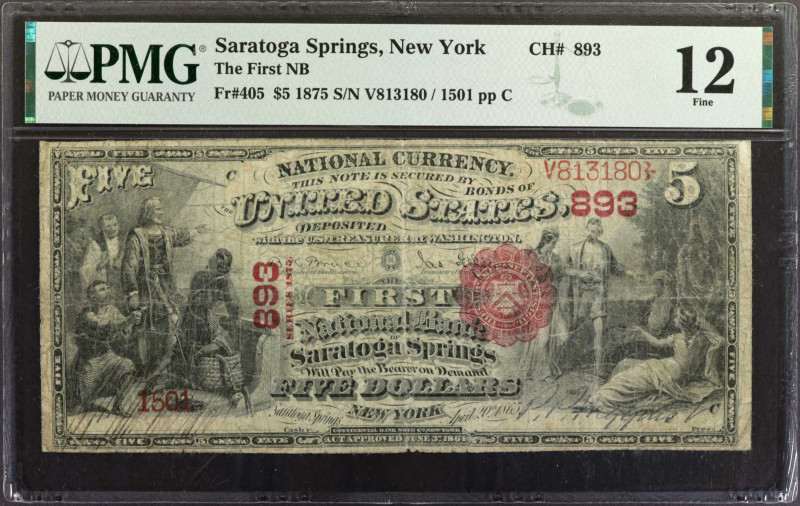 Saratoga Springs, New York. 1875 $5 Fr. 405. The First NB. Charter #893. PMG Fin...