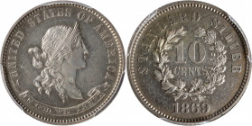 1869 Pattern Dime. Judd-702, Pollock-781. Rarity-5. Silver. Reeded Edge. Proof-63 (PCGS).

Obv: Standard Silver design with a bust of Liberty facing...