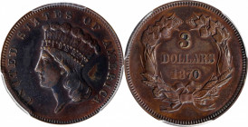 1870 Pattern Three-Dollar Gold Piece. Judd-1029, Pollock-1164. Rarity-7+. Copper. Reeded Edge. Proof-62 BN (PCGS).

The obverse and reverse designs ...