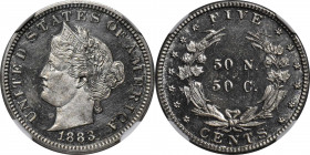 1883 Pattern Liberty Head Nickel. Judd-1710, Pollock-1914. Rarity-5. Nickel. Plain Edge. Proof-61 Cameo (NGC).

Obv: Barber's head of Liberty, as ad...