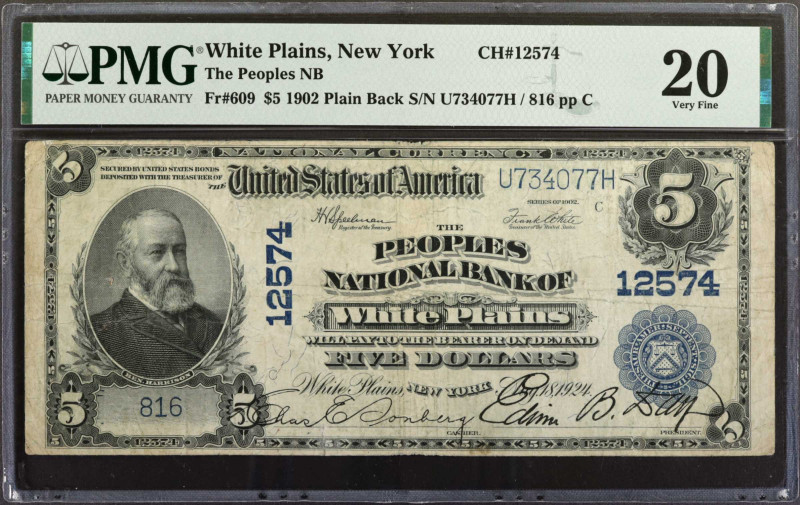 White Plains, New York. 1902 Plain Back $5 Fr. 609. The Peoples NB. Charter #125...