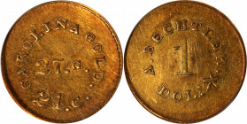 Undated (1842-1852) August Bechtler $1. K-24. Rarity-3. 27.G., 21.C. Plain Edge. AU-55 (PCGS).

Deep khaki-gold and antique-gold with distinctive re...